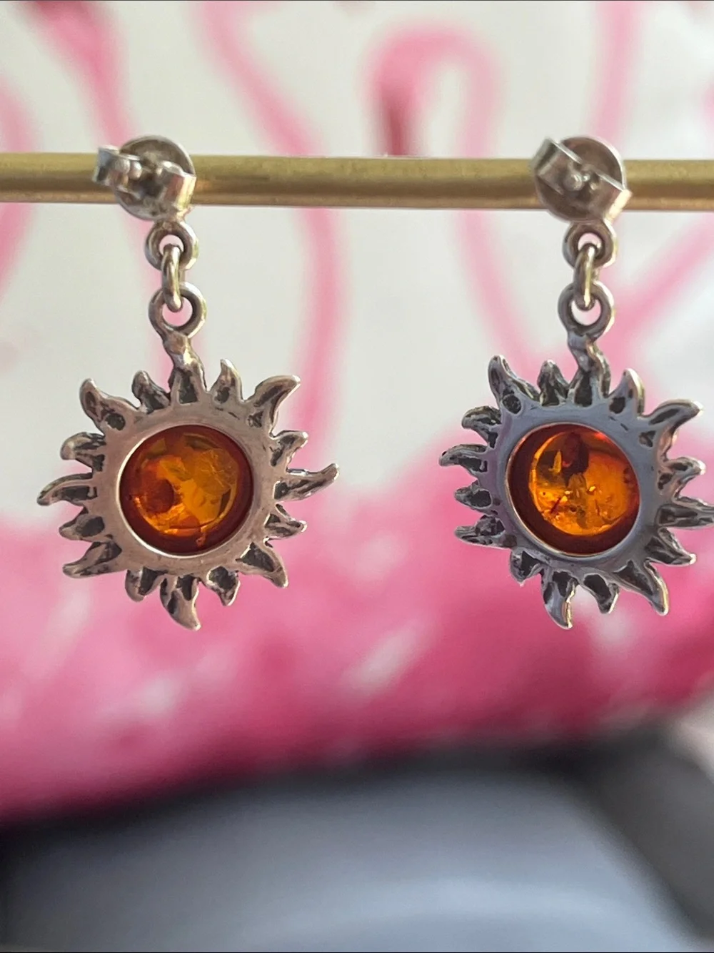 Sterling Silver Amber Sunburst Dangle Earrings - Picture 10 of 13